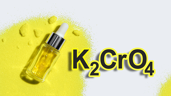 Potassium Chromate powder with chemical formula K2CrO4.