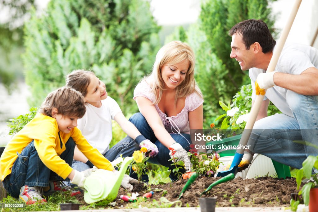 Vista frontal de una familia jardinería juntos. - Foto de stock de Niño libre de derechos