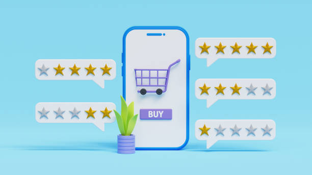 Rate online store mobile app concept. 3d smartphone with shopping cart and all rating stars. Customer feedback and rating 5 star for app or service. 3d illustration califique el concepto de aplicación móvil de la tienda en línea. smartphone 3d con carrito de compras y todas las estrellas de calificación. comentarios de los clientes y calificación de 5 estrellas para la aplicación o servicio. ilustración 3d