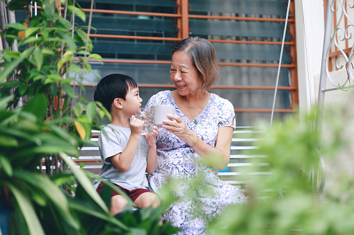 The grandmother and grandson sit on the swing in the backyard, enjoying a drink together. They share smiles and engage in conversation, cherishing quality time and strengthening their family bond.