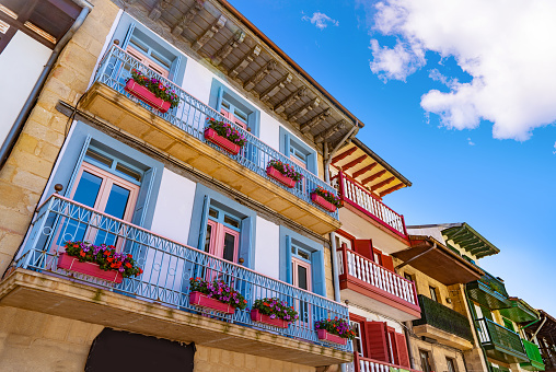 Hondarribia beautiful village colorful facades in Gipuzkoa, Guipuzcoa at Basque Country of Spain, Euskadi