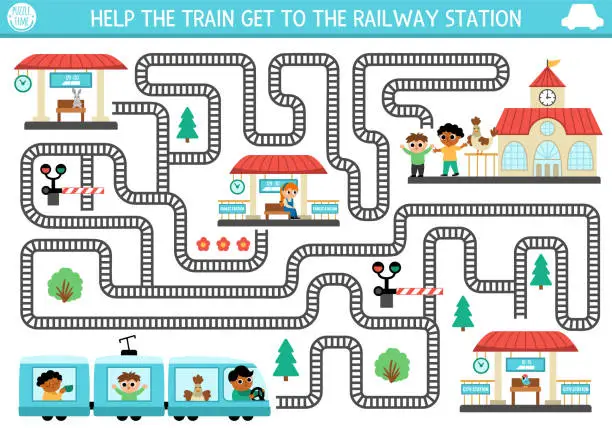 Vector illustration of Transportation maze for kids with railroad, driver, passengers. Urban transport preschool printable activity. Labyrinth game or puzzle with rails, stops, barrier. Help the train get to railway station