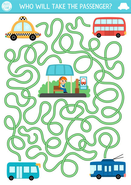 illustrations, cliparts, dessins animés et icônes de labyrinthe de transport pour les enfants avec une fille en attente de transport. activité imprimable préscolaire urbaine. jeu de labyrinthe ou puzzle avec bus, trolleybus, taxi. qui prendra le passager - bus child waiting education