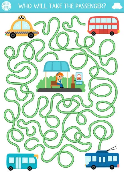 Vector illustration of Transportation maze for kids with girl waiting for transport. Urban preschool printable activity. Labyrinth game or puzzle with bus, trolleybus, taxi. Who will take the passenger