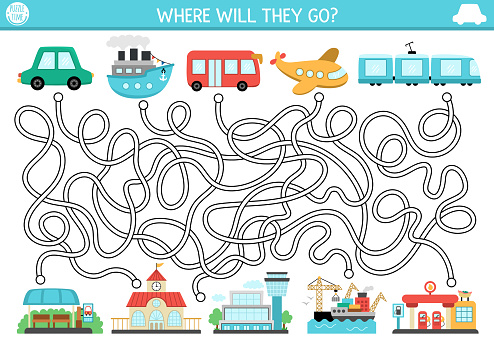 Transportation maze for kids with air, water, land, railway transport. Urban preschool printable activity. Labyrinth game or puzzle with car, train, ship, train, plane. Help the bus get to last stop