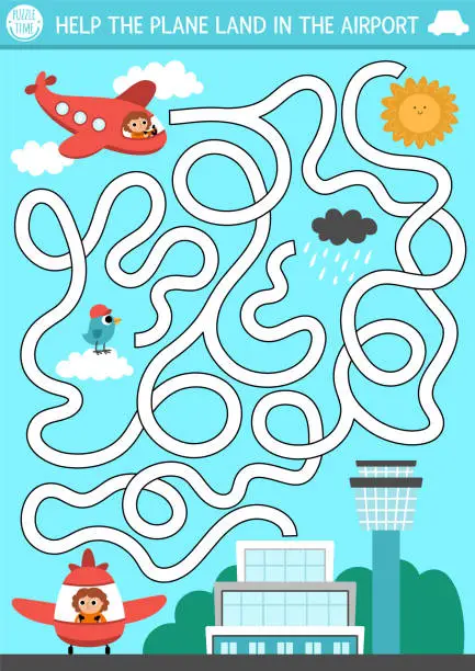 Vector illustration of Transportation maze for kids with city landscape and airplane. Urban transport preschool printable activity. Labyrinth game or puzzle with aircraft and pilot. Help the plane land in the airport