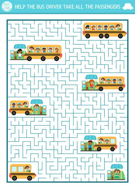 illustrations, cliparts, dessins animés et icônes de labyrinthe de transport pour les enfants avec autobus scolaire et les élèves qui attendent aux arrêts. transport urbain activité imprimable préscolaire. jeu de labyrinthe ou puzzle de la rentrée scolaire. aidez le conducteur à prendre les passagers - bus child waiting education