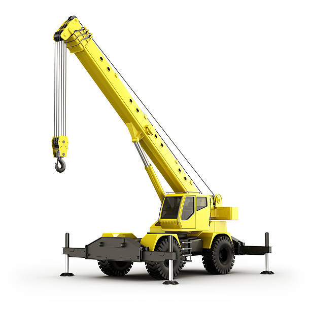 A yellow plastic toy mobile crane 3d rendering of a highly realistic mobile crane. mobile crane stock pictures, royalty-free photos & images
