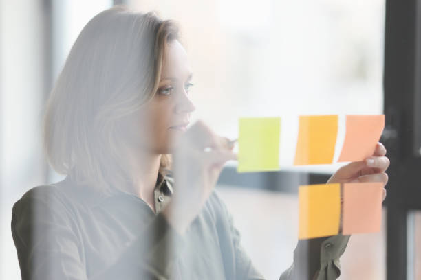 istock A woman in office glues colored notes on glass, close up 1530385695