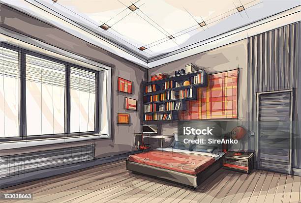 A Drawing A Stylish Functional Modern Bedroom Stock Illustration - Download Image Now - Domestic Room, Illustration, Bedroom