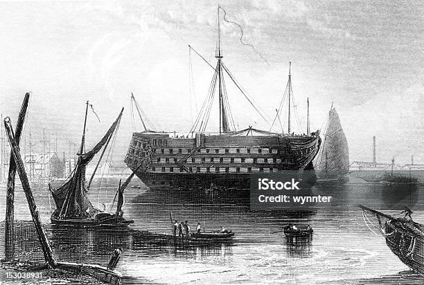 Ilustração Vintage Da Caravela Dreadnought No Porto Em Deptford - Arte vetorial de stock e mais imagens de Rio Tamisa