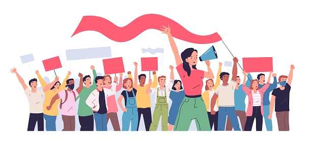 Protesters rally. Crowd protest people with banner megaphone on citizen or justice revolution angry woman protester street riot political activism vector illustration of crowd protest demonstration