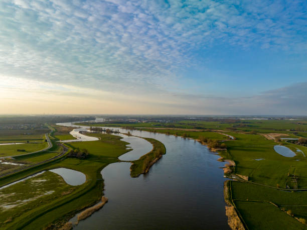 IJssel and Reevediep springtime sunset panoramic bird's eye view