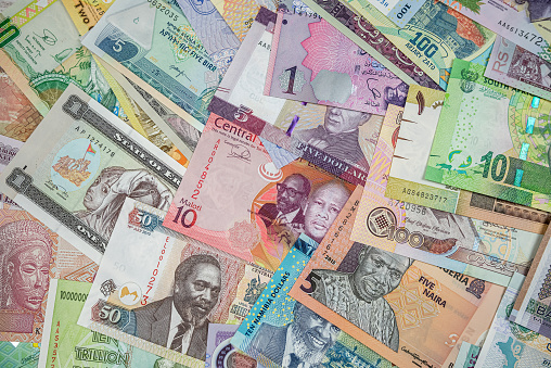 variety of South African Rand banknotes. South African money background. South African stock market.