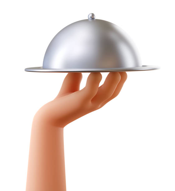 istock 3D human hand holding metal silver dish with a dome lid on white backdrop. Restaurant serving plate. Utensil template. Exquisite presentation of gourmet meal. 3D rendering illustration 1530403176