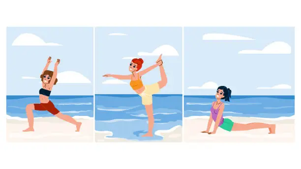Vector illustration of sea woman yoga beach vector