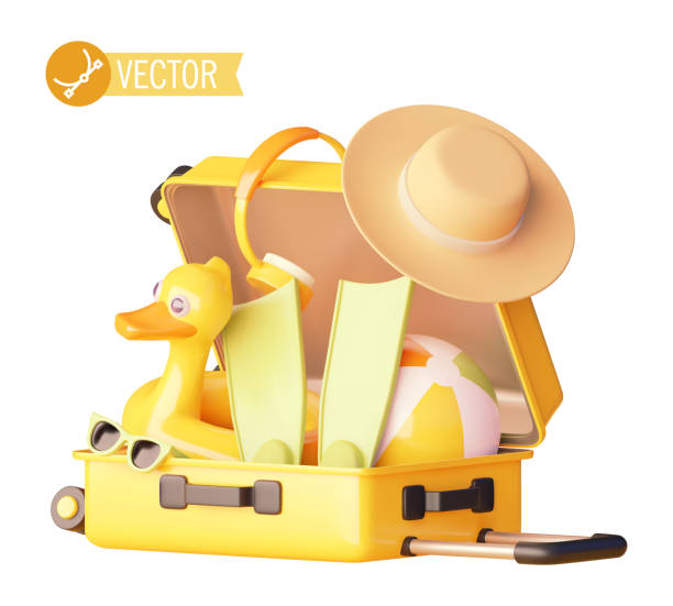 Vector open suitcase packed with travel accessories Vector icon. Open suitcase packed with travel accessories. Tourist suitcase for beach vacation. Traveler bag, flippers, float, beach ball and sunglasses duck with hat stock illustrations