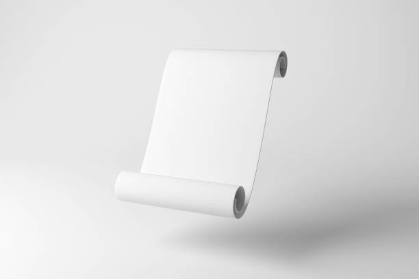 istock White paper scroll floating in mid air on white background in monochrome and minimalism. Illustration as design element 1530412244