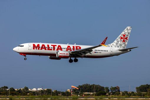 Luqa, Malta - July 3, 2023: Malta Air Boeing 737-8 MAX 200 (Reg.: 9H-VUD) arriving runway 31.