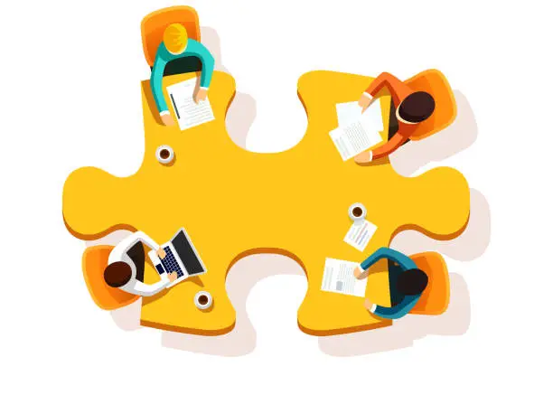Vector illustration of Group of businessman having a meeting around jigsaw puzzle table.