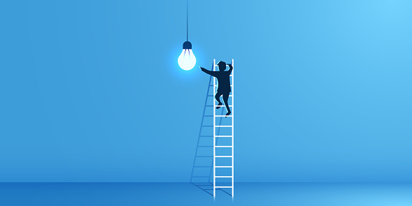 Human climbs the stairs to the light bulb. Idea, goal and innovation concept. Vector illustration