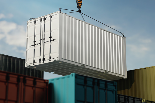 Blank crane lifting up container mockup. 3D rendering