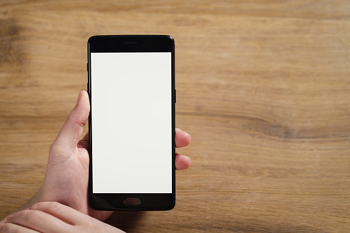 female teen hand holding smartphone with blank white screen, shallow focus