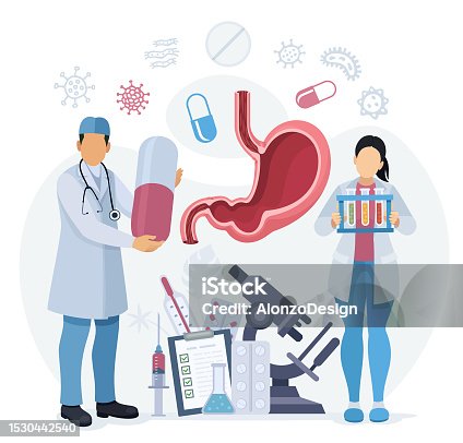 istock Medic Study Stomachache Causes of Gastritis and Helicobacter Disease. . Medical Research Team Studying and Prescription Drug. 1530442540