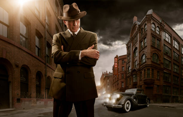 1940's Stylised Film Noir Gangster 1940's stylised film noir gangster / detective in city with car in background organized crime photos stock pictures, royalty-free photos & images