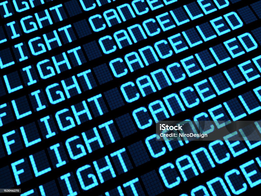 Cancelled Flights Departures Board Departures board at airport terminal showing cancelled flights because of strike. Travel unforeseen concept, 3d rendering. Commercial Airplane Stock Photo