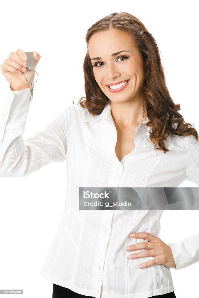 Mulher de negócios ou agente imobiliário com chaves isoladas - Foto de stock de Chave royalty-free