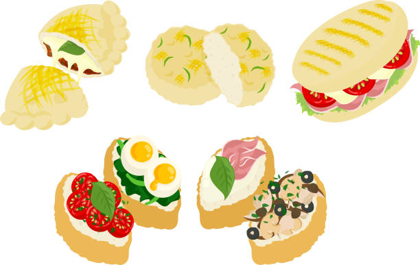 illustrazioni stock, clip art, cartoni animati e icone di tendenza di le varie icone del delizioso pane italiano - focaccia