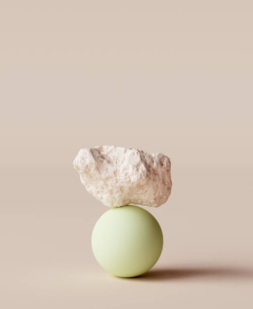 istock Creative art background with geometric abstract elements in balance. 3d rendering beige stone pedestal 1530481340