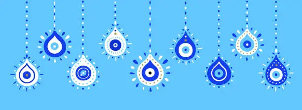 Vector illustration of Horizontal banner of Turkish evil eye pendants. Ethnic style blue Greek protection from the spoilage signs with golden details. EPS 10 vector boho background.