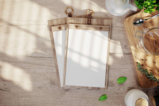 Wooden menu boards on the table mockup. 3D rendering