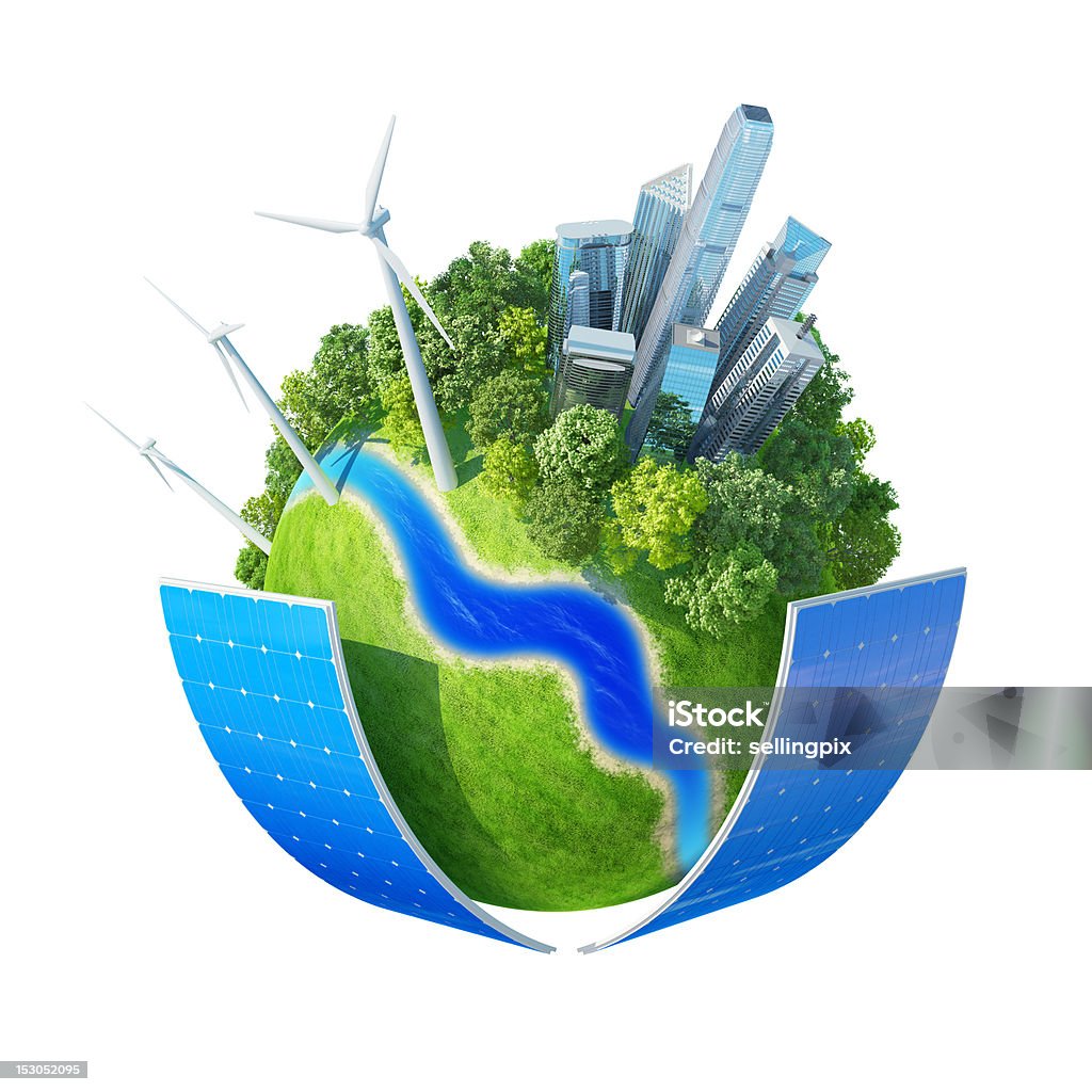 Green city planet concept Mini planet concept on white background. City, ocean, park, wind turbines, two solar batteries, river bank and fresh green field. Earth collection. Isolated. City Stock Photo