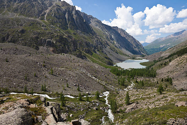 Rivers and lake in the mountains stock photo