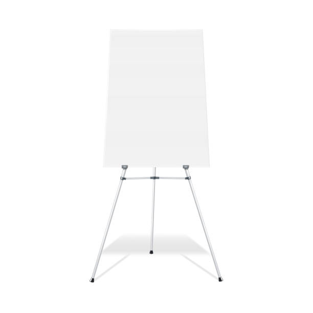 ilustrações de stock, clip art, desenhos animados e ícones de flipchart, display easel stand vector mock-up. blank whiteboard realistic mockup. tripod flip chart white board. template for design - flipchart whiteboard easel chart