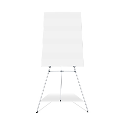 Flipchart, display easel stand vector mock-up. Blank whiteboard realistic mockup. Tripod flip chart white board. Template for design