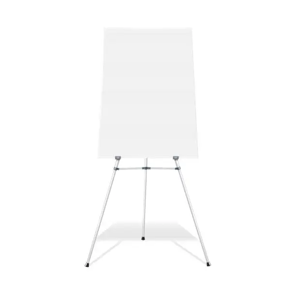 Vector illustration of Flipchart, display easel stand vector mock-up. Blank whiteboard realistic mockup. Tripod flip chart white board. Template for design