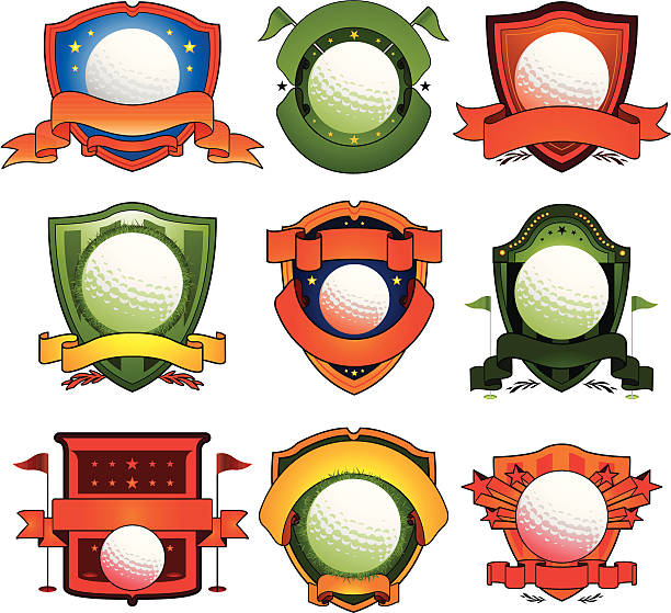 illustrazioni stock, clip art, cartoni animati e icone di tendenza di emblemi e distintivi di golf - golf flag golf flag pennant