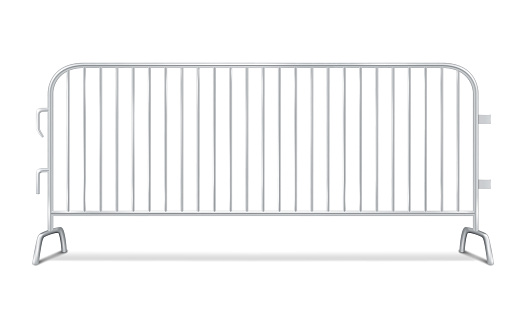 Metal interlocking barricade fence panel. Bike rack barricade. Steel crowd control barrier. Realistic vector illustration