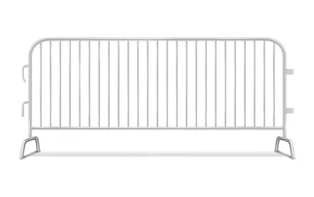 Vector illustration of Metal interlocking barricade fence panel. Bike rack barricade. Steel crowd control barrier. Realistic vector illustration