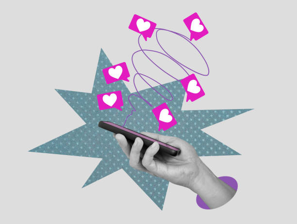 Art collage with hand holding smartphone as hearts as messages. stock photo