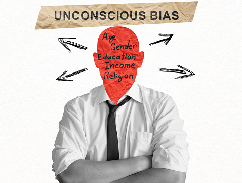 Collage with a man with paper head and sign unconscious bias.