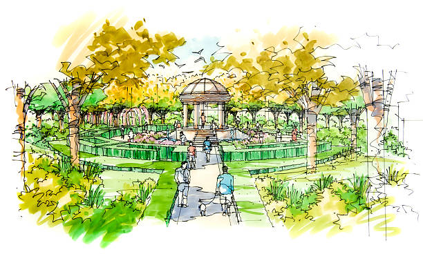 Landscape garden sketch series 18 Landscape garden sketch showing foot path, hedges and pavilion on background. This sketch created, drawn in pen and marker by the photographer. paved yard stock illustrations