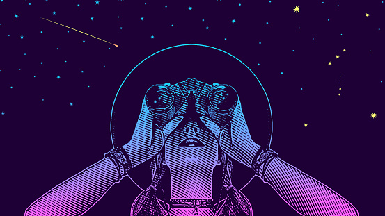 Scratchboard vector of Young hipster woman looking at stars and night sky