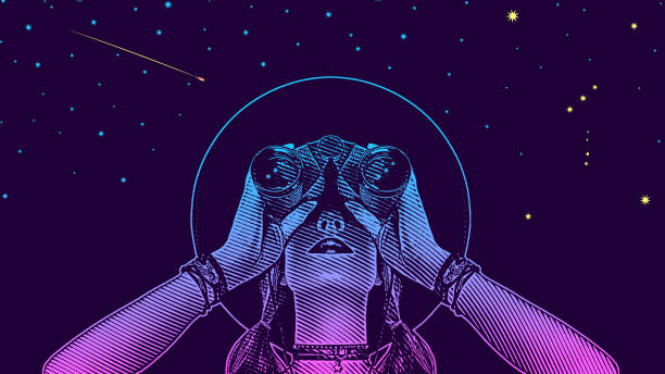 Young hipster woman with binoculars and stars Scratchboard vector of Young hipster woman looking at stars and night sky astronomy illustration stock illustrations
