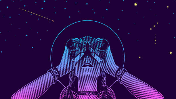 Young hipster woman with binoculars and stars Scratchboard vector of Young hipster woman looking at stars and night sky estimate stock illustrations
