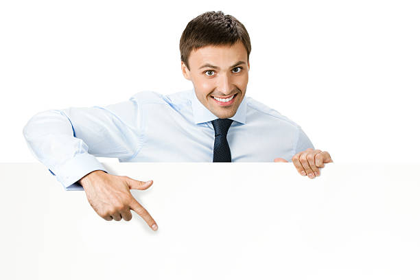 istock Businessman showing signboard, on white 153057487
